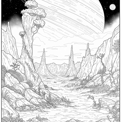 A coloring page for the Alien Planet Landscape category