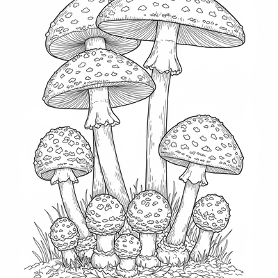 A coloring page for the Amanita Muscaria Cluster category