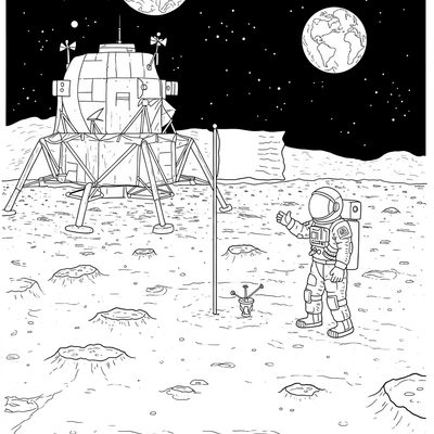 A coloring page for the Moon Landing Scene category