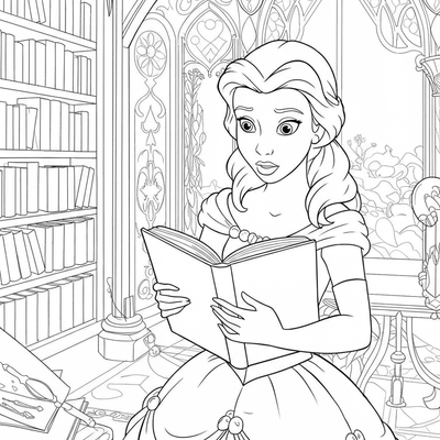 A coloring page for the Belle Reading in Library category