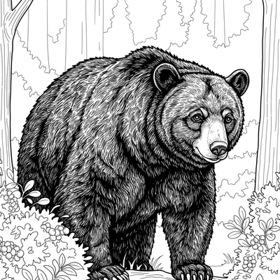 A coloring page for the Black Bear in Woods category