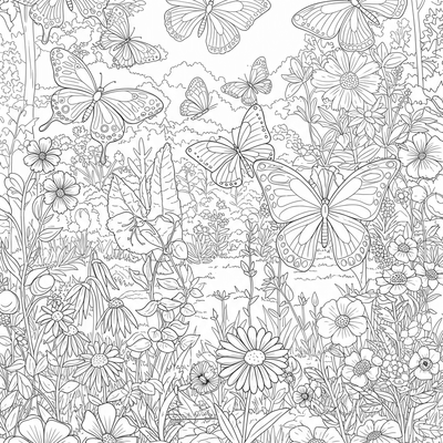 A coloring page for the Butterfly Garden Scene category