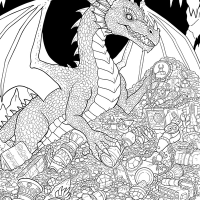 A coloring page for the Dragon Hoard Treasure category