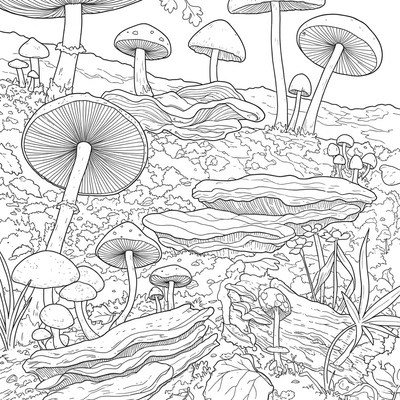 A coloring page for the Forest Floor Fungi category