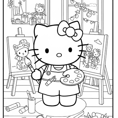 A coloring page for the Hello Kitty Artist category