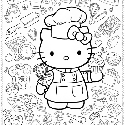 A coloring page for the Hello Kitty Chef category