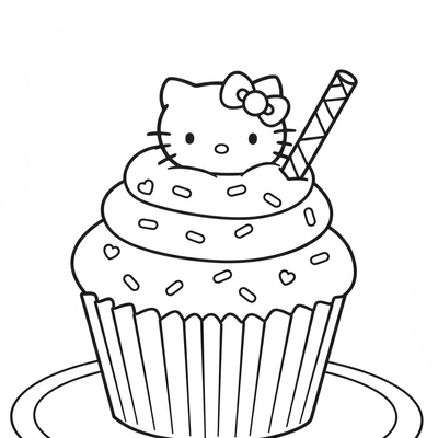 A coloring page for the Hello Kitty Cupcake Simple category