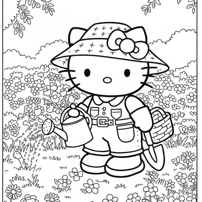A coloring page for the Hello Kitty Gardener category