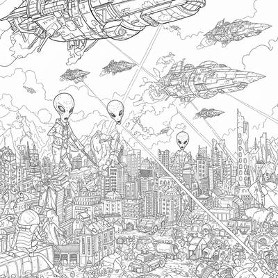 A coloring page for the Alien Invasion City category