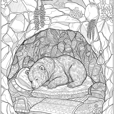 A coloring page for the Bear Hibernation Den category