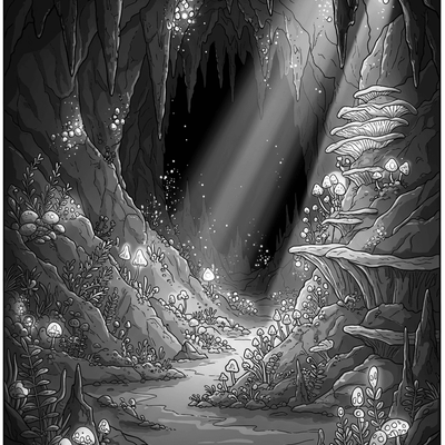 A coloring page for the Bioluminescent Fungi Cave category