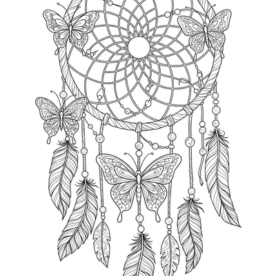 A coloring page for the Butterfly Symbolic Dreamcatcher category