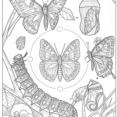 A coloring page for the Butterfly Life Cycle Detailed category