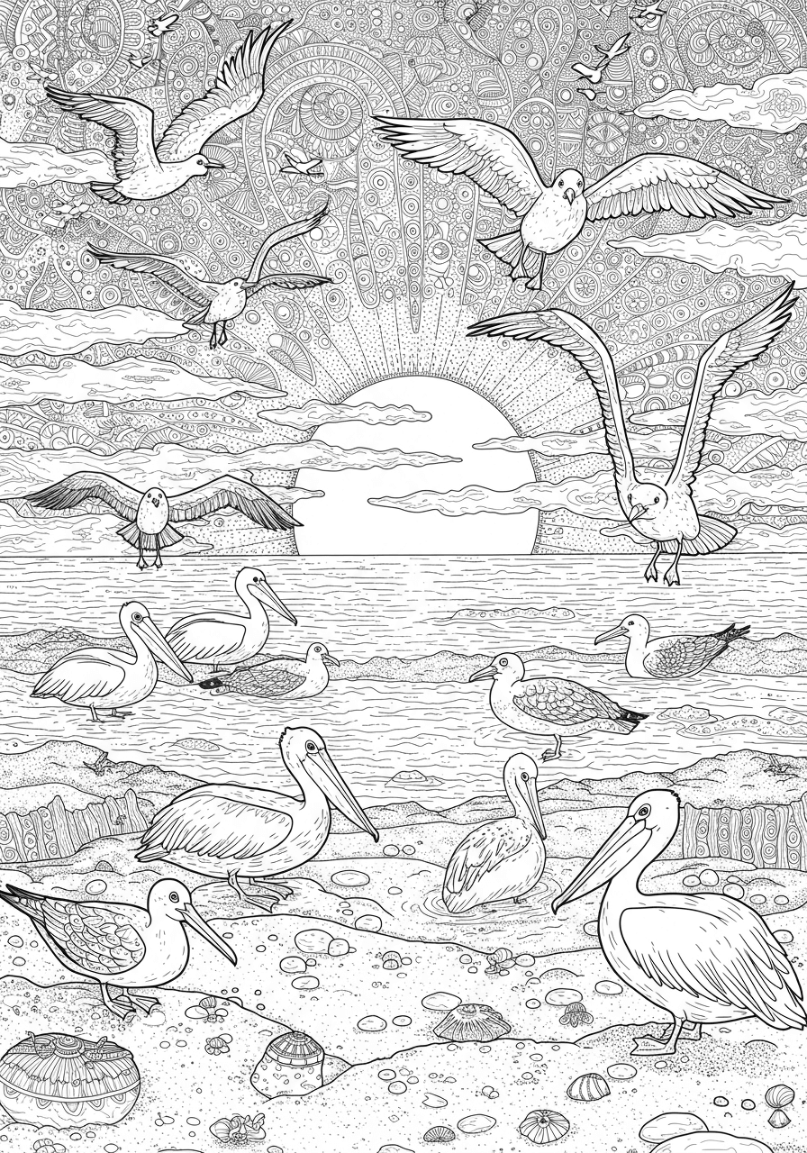 Intricate coastal sunset birdlife