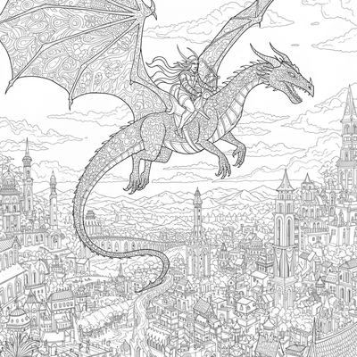A coloring page for the Dragon Rider Flying over City category