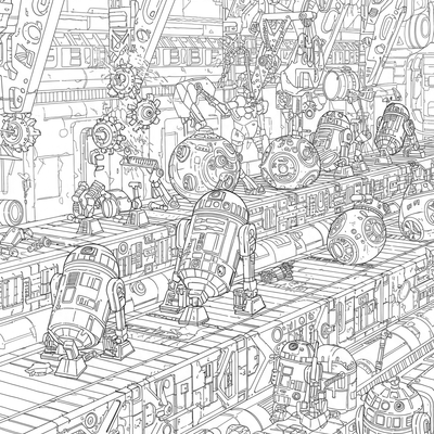 A coloring page for the Droid Factory Assembly Line category