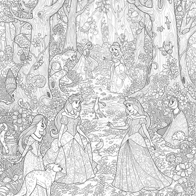 A coloring page for the Enchanted Forest Princesses category