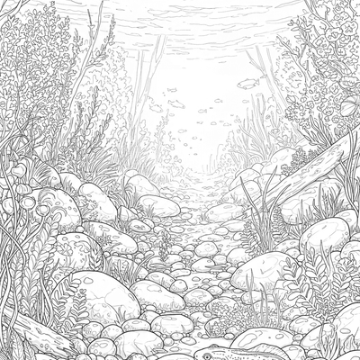 A coloring page for the Forest Stream Underwater Life category