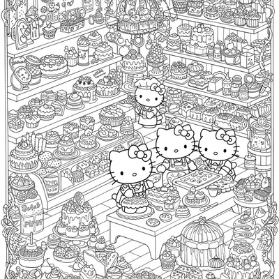 A coloring page for the Hello Kitty Bakery Scene category
