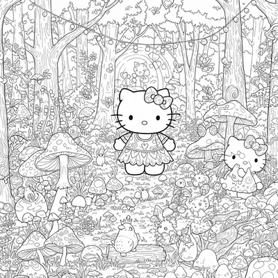A coloring page for the Hello Kitty Enchanted Forest category