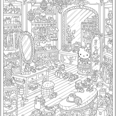 A coloring page for the Hello Kitty Fashion Boutique category
