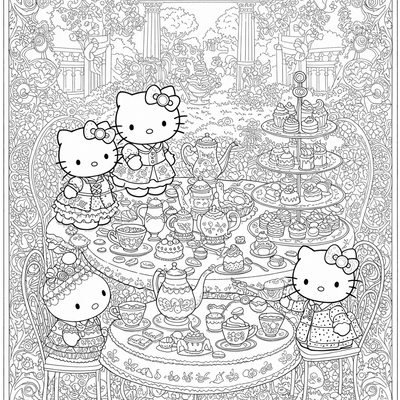 A coloring page for the Hello Kitty Victorian Tea Party category