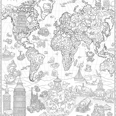 A coloring page for the Hello Kitty World Tour Map category