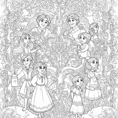 A coloring page for the Madrigal Family Tree Mural category