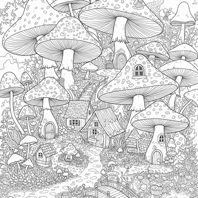 A coloring page for the Miniature Mushroom Town category