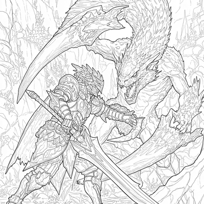 A coloring page for the Monster Hunter Detailed category