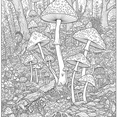 A coloring page for the Intricate Mushroom Ecosystem category