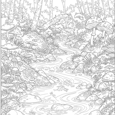 A coloring page for the Mushroom Forest Stream category
