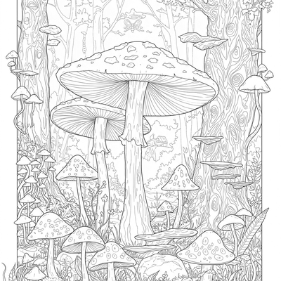 A coloring page for the Mythical Mushroom Forest category