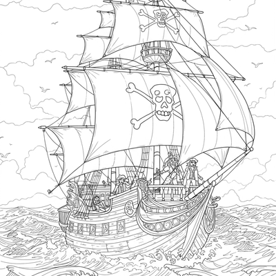 A coloring page for the Pirate Ship on High Seas category