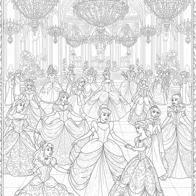 A coloring page for the Intricate Princess Ball category