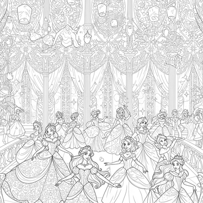 A coloring page for the Princesses in Enchanted Ballroom category
