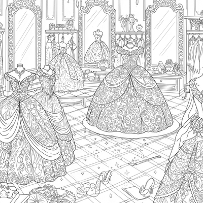 A coloring page for the Princesses Fashion Boutique category