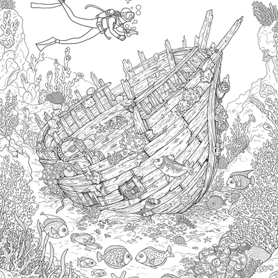 A coloring page for the Shipwreck Underwater Discovery category
