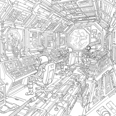 A coloring page for the Space Station Interior category