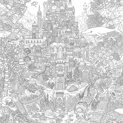 A coloring page for the Intricate Underwater Coral City category