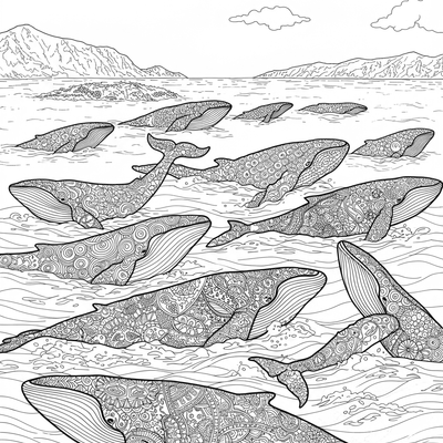 A coloring page for the Whale Migration Overhead View category