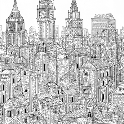 A coloring page for the Intricate Zentangle Cityscape category
