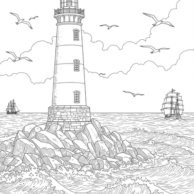 A coloring page for the Lighthouse Coastal View category