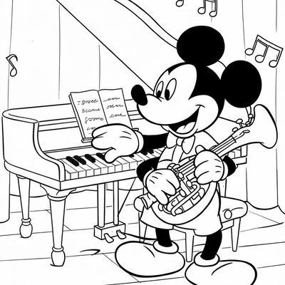A coloring page for the Mickey Mouse Musician category