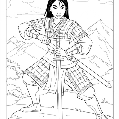 A coloring page for the Mulan Warrior Spirit category