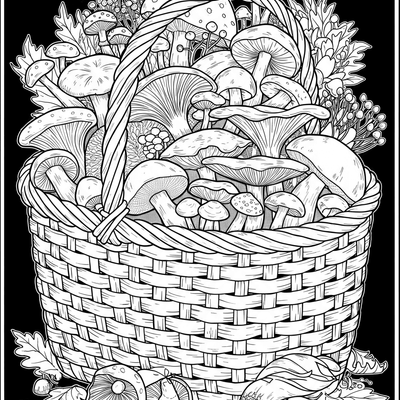A coloring page for the Mushroom Basket Harvest category