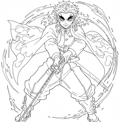 A coloring page for the Rengoku Kyojuro Flame Pillar category