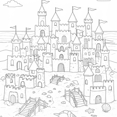 A coloring page for the Sandcastle Village category