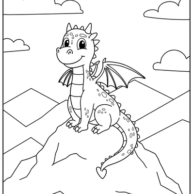 A coloring page for the Simple Dragon on Mountain category