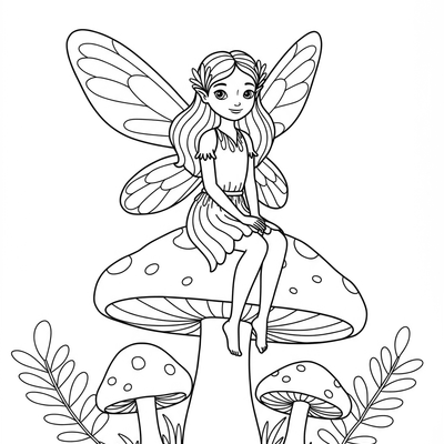A coloring page for the Simple Fairy on Mushroom category